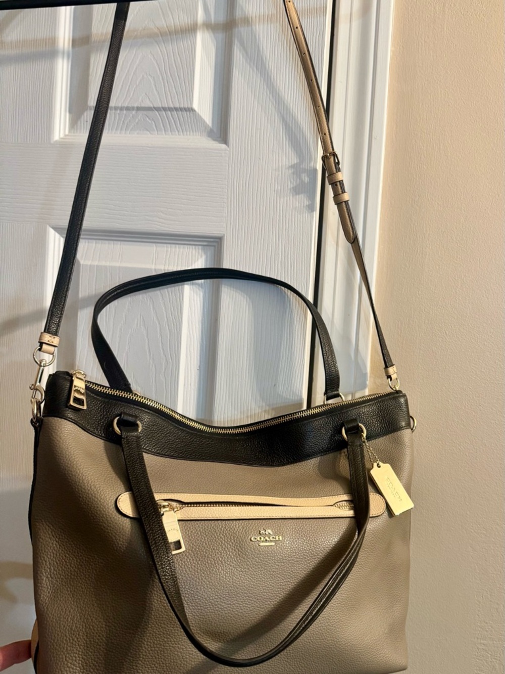 Coach Taupe with Black Trim and Cream Accent Leather Shoulder Bag
